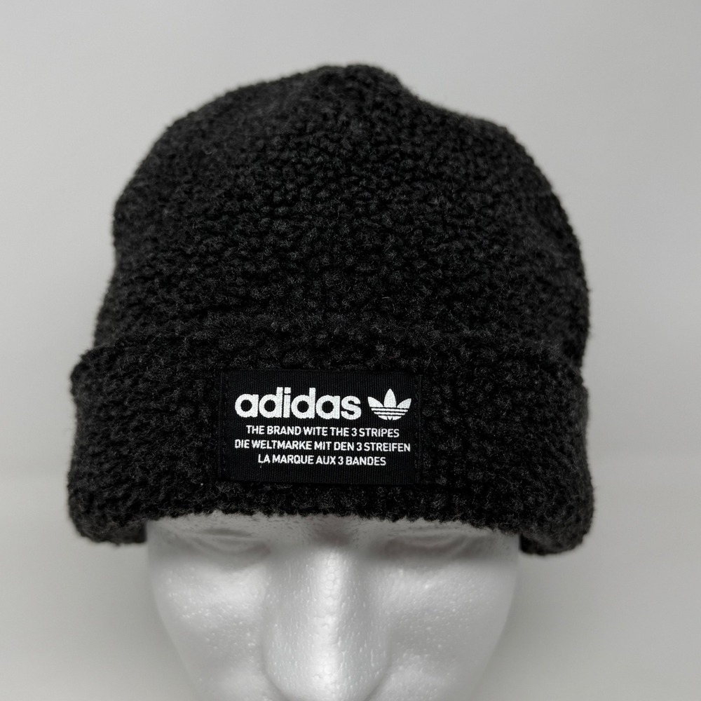 Adidas Originals Nova Black Sherpa Fleece Beanie Trefoil Logo Cuffed Cap Hat